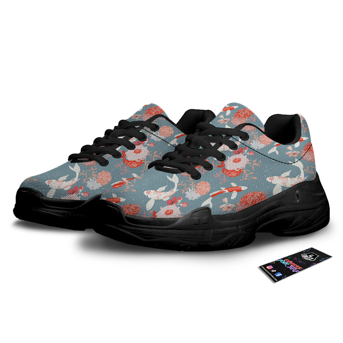Chrysanthemum And Koi Carp Print Pattern Black Chunky Shoes-grizzshop