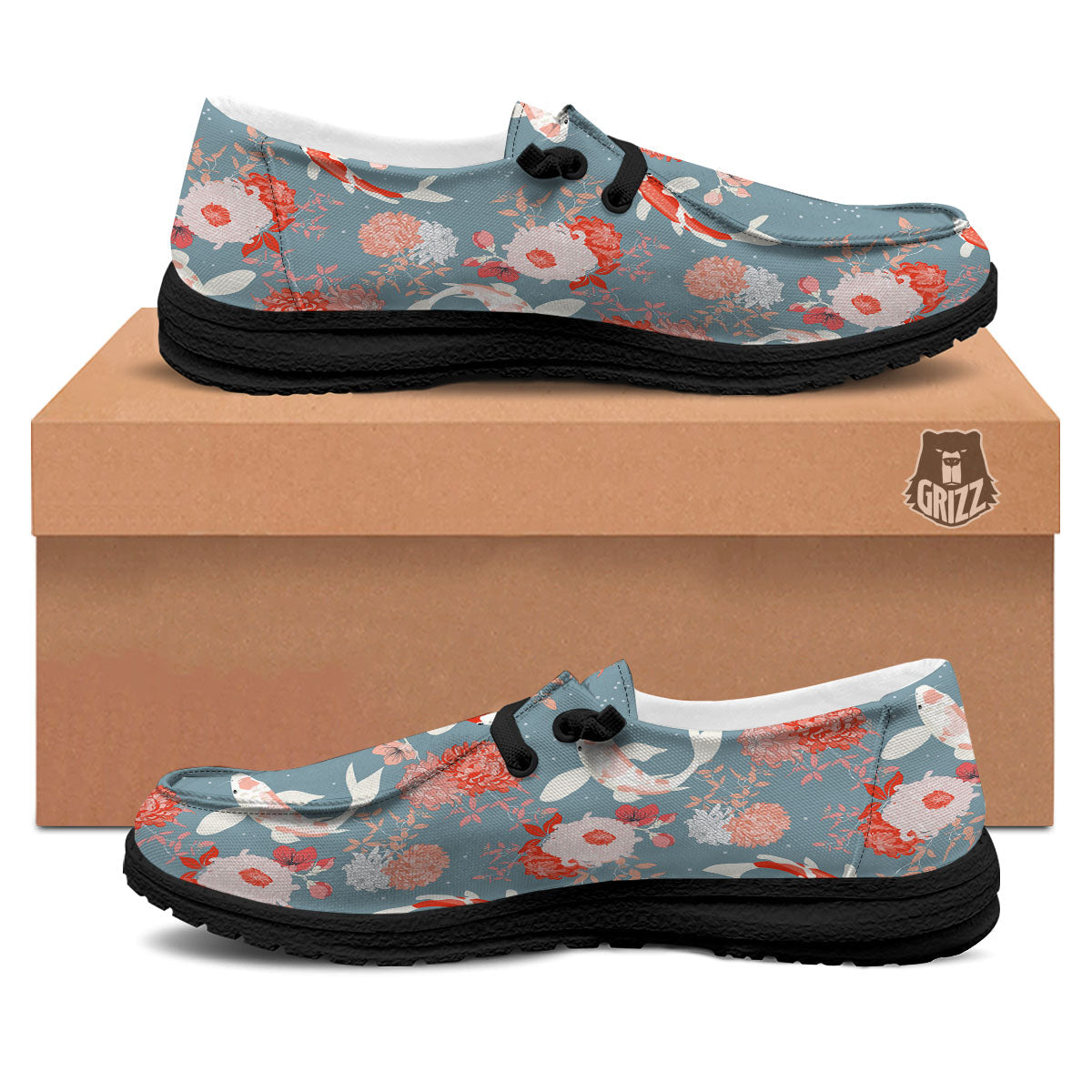 Chrysanthemum And Koi Carp Print Pattern Black Loafers-grizzshop