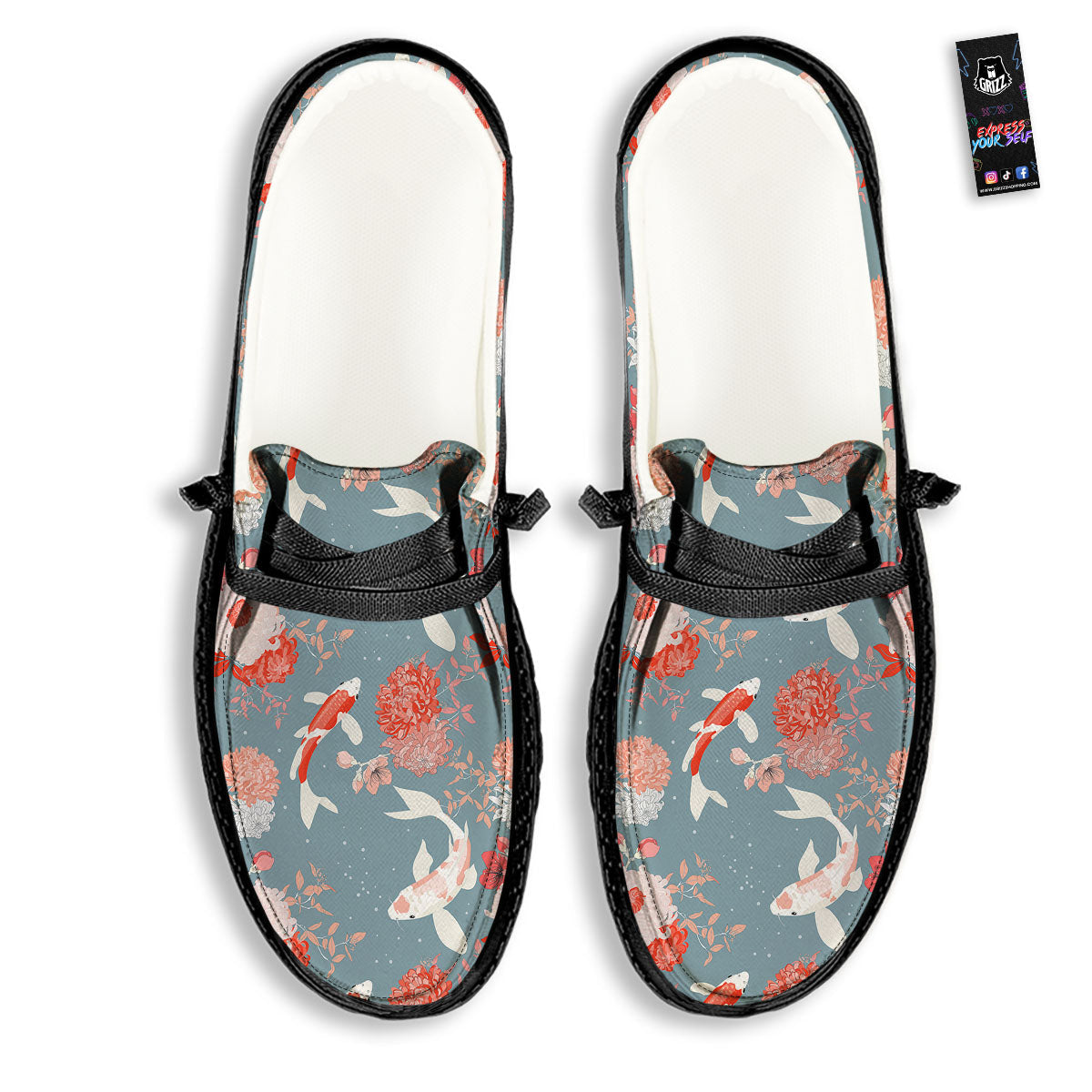 Chrysanthemum And Koi Carp Print Pattern Black Loafers-grizzshop