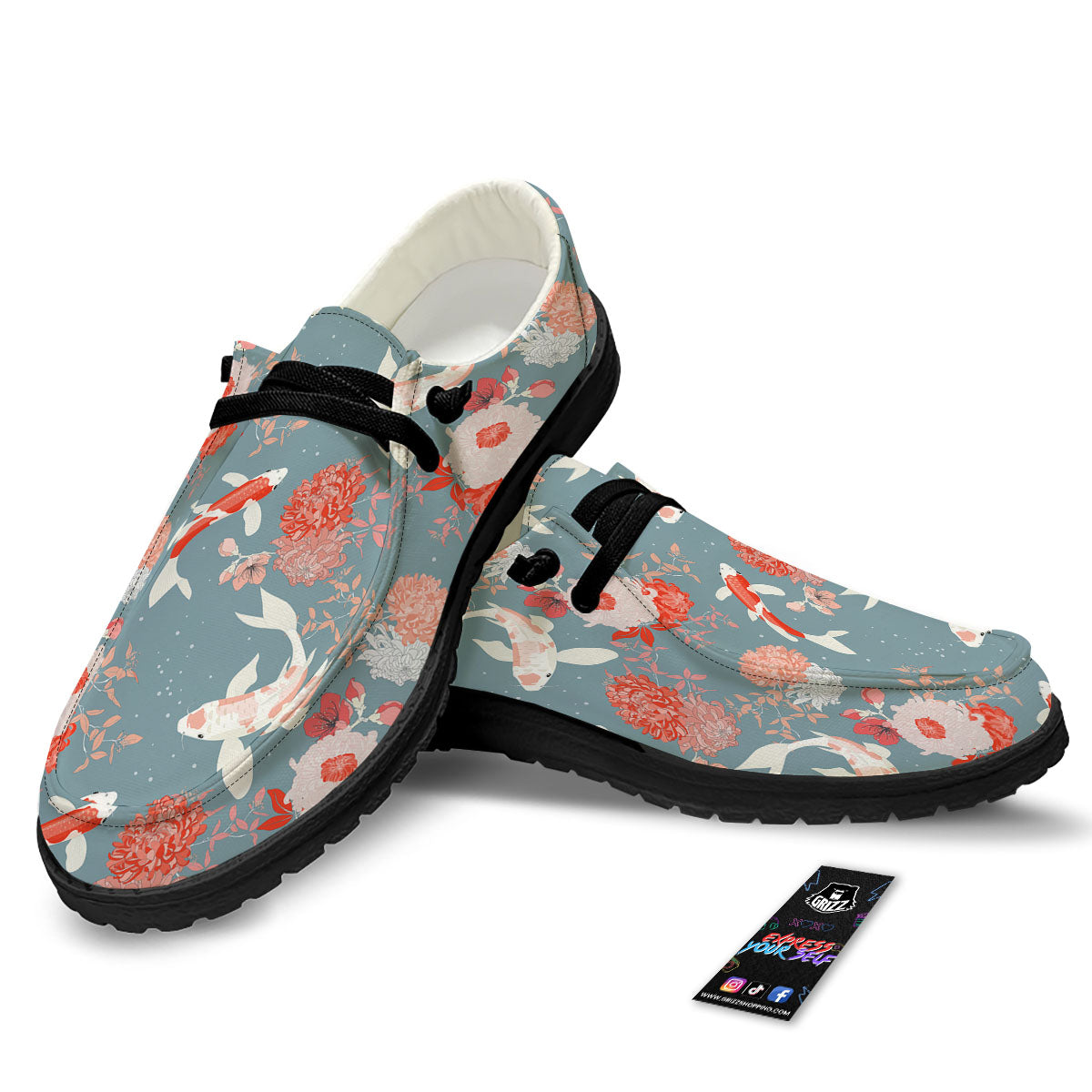 Chrysanthemum And Koi Carp Print Pattern Black Loafers-grizzshop