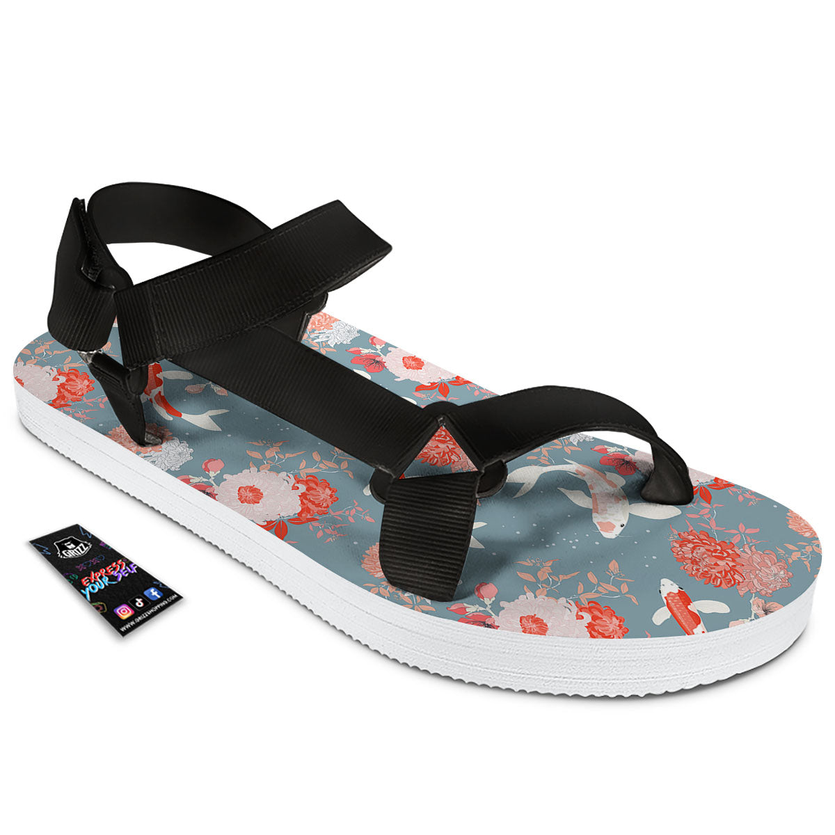 Chrysanthemum And Koi Carp Print Pattern Black Open Toe Sandals-grizzshop