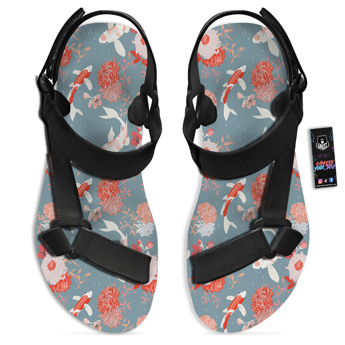 Chrysanthemum And Koi Carp Print Pattern Black Open Toe Sandals-grizzshop