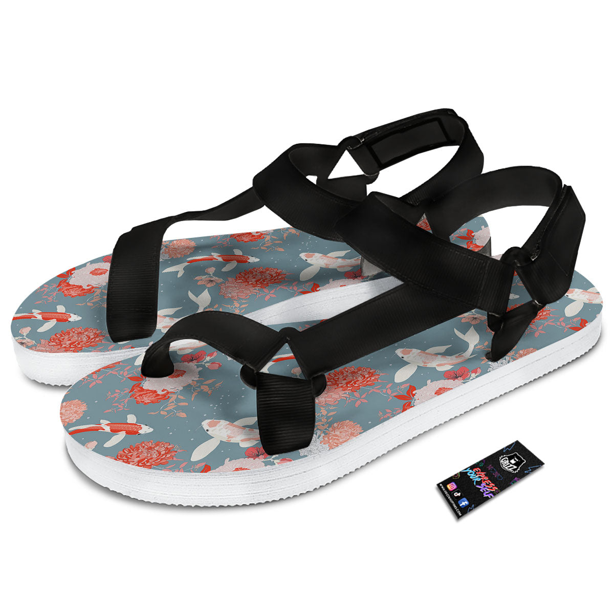 Chrysanthemum And Koi Carp Print Pattern Black Open Toe Sandals-grizzshop