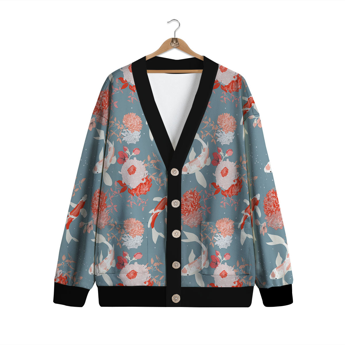 Chrysanthemum And Koi Carp Print Pattern Cardigan-grizzshop