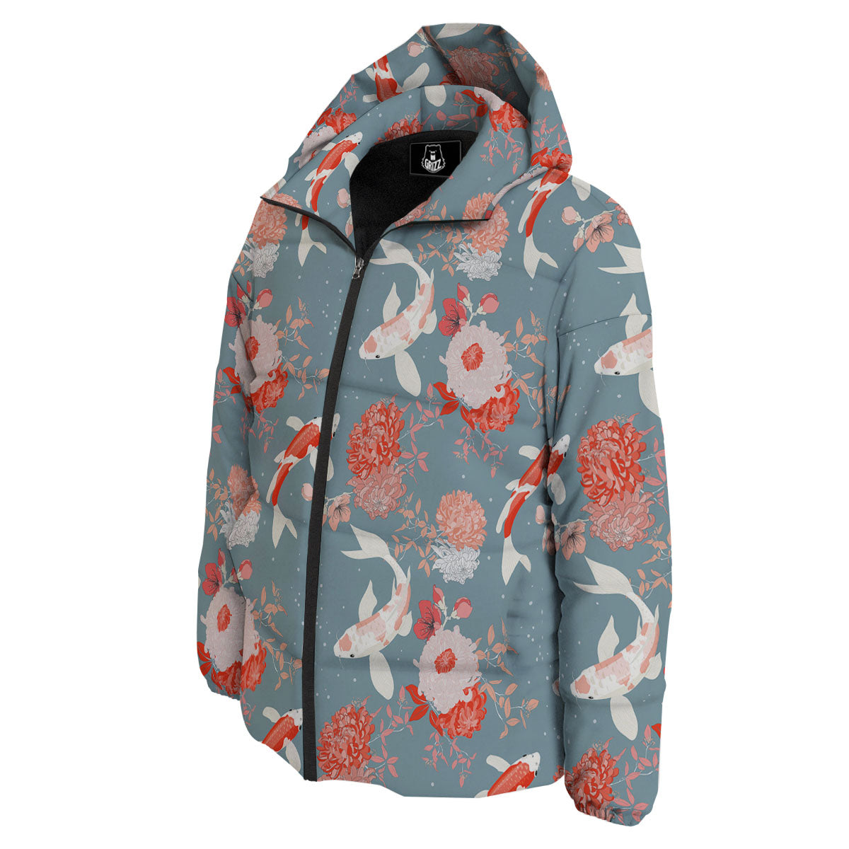 Chrysanthemum And Koi Carp Print Pattern Down Jacket-grizzshop