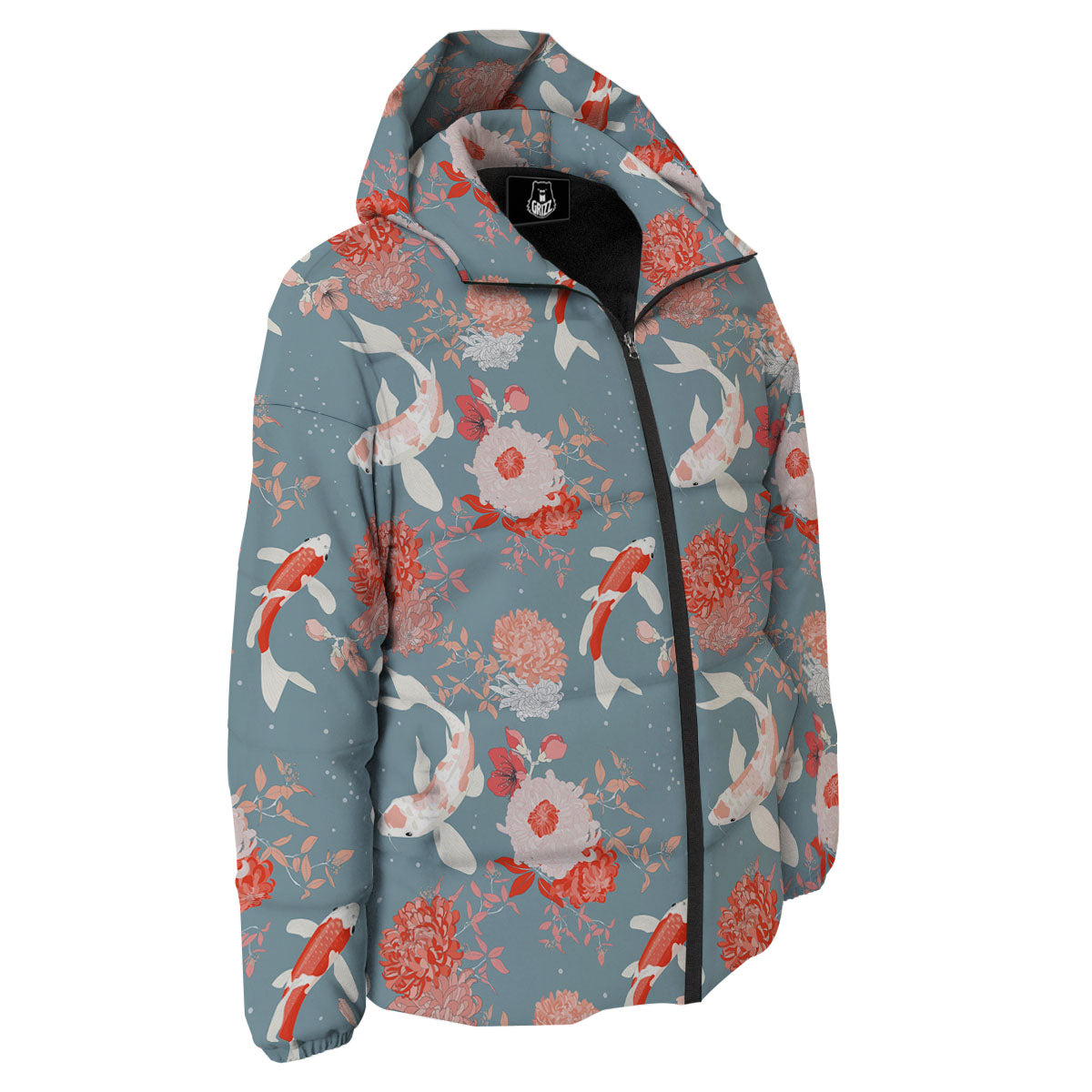 Chrysanthemum And Koi Carp Print Pattern Down Jacket-grizzshop