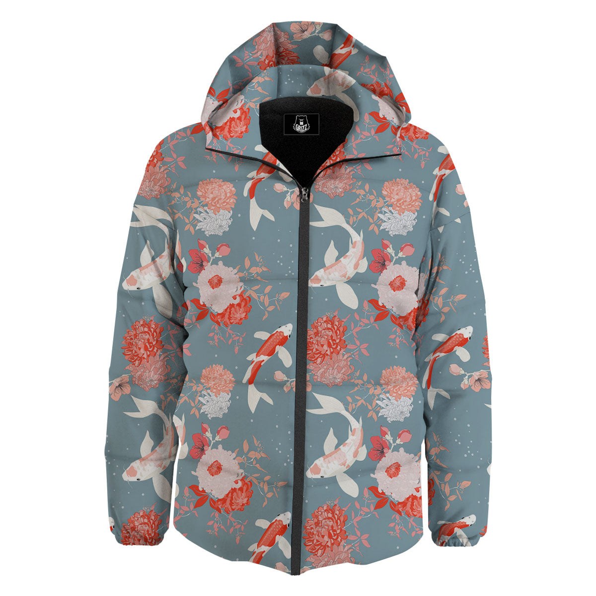 Chrysanthemum And Koi Carp Print Pattern Down Jacket-grizzshop