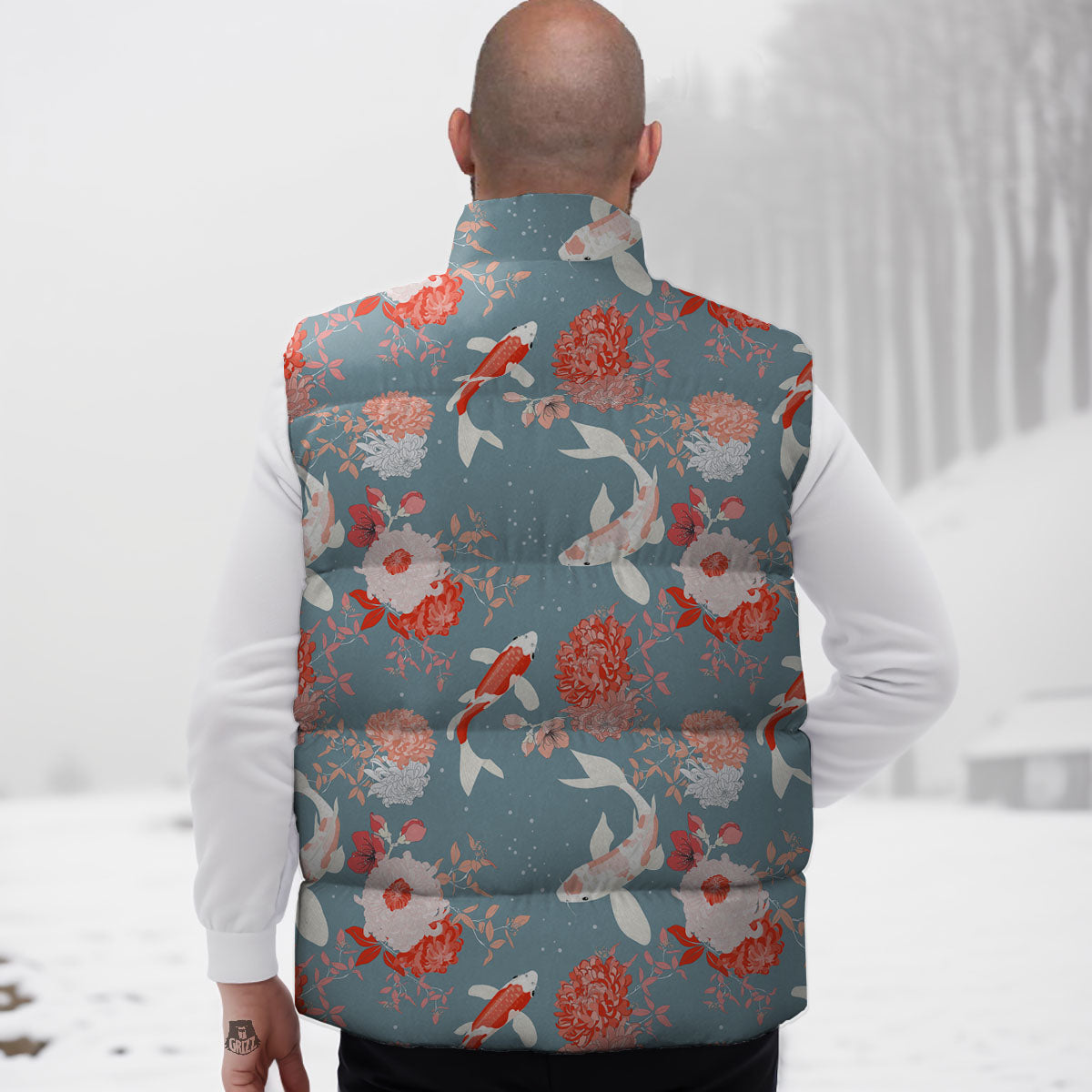 Chrysanthemum And Koi Carp Print Pattern Down Vest