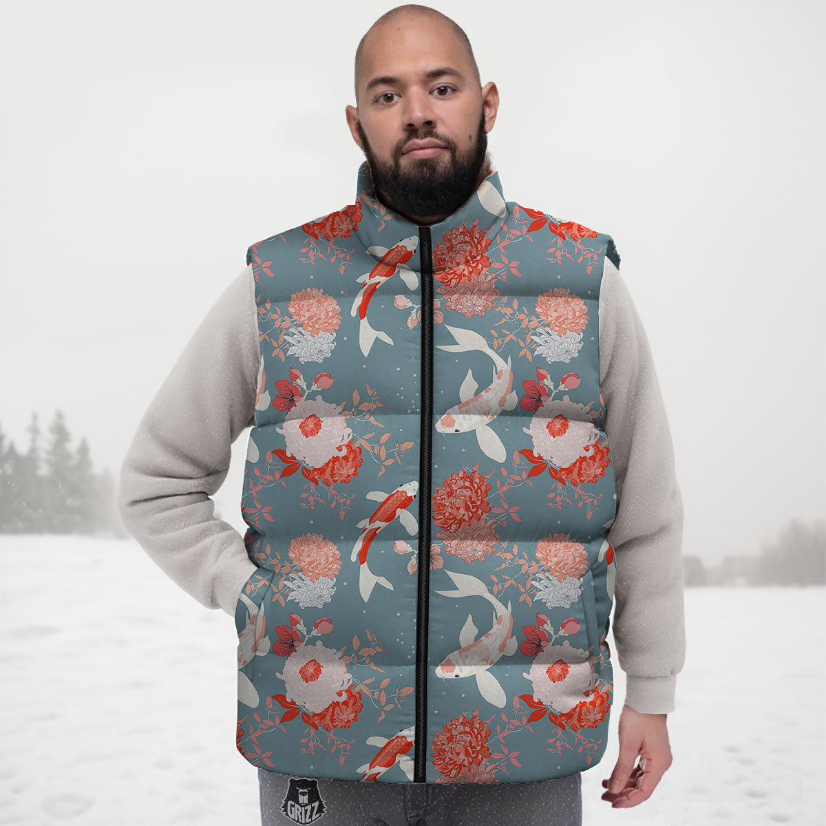 Chrysanthemum And Koi Carp Print Pattern Down Vest