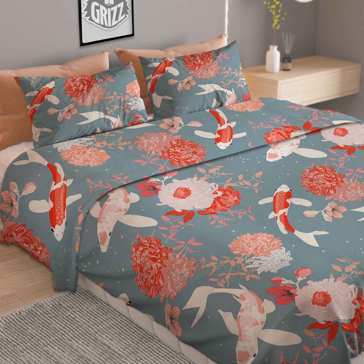 Chrysanthemum And Koi Carp Print Pattern Duvet Cover Bedding Set