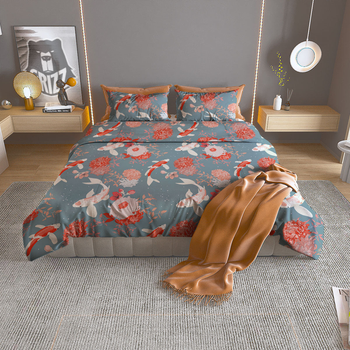 Chrysanthemum And Koi Carp Print Pattern Duvet Cover Bedding Set