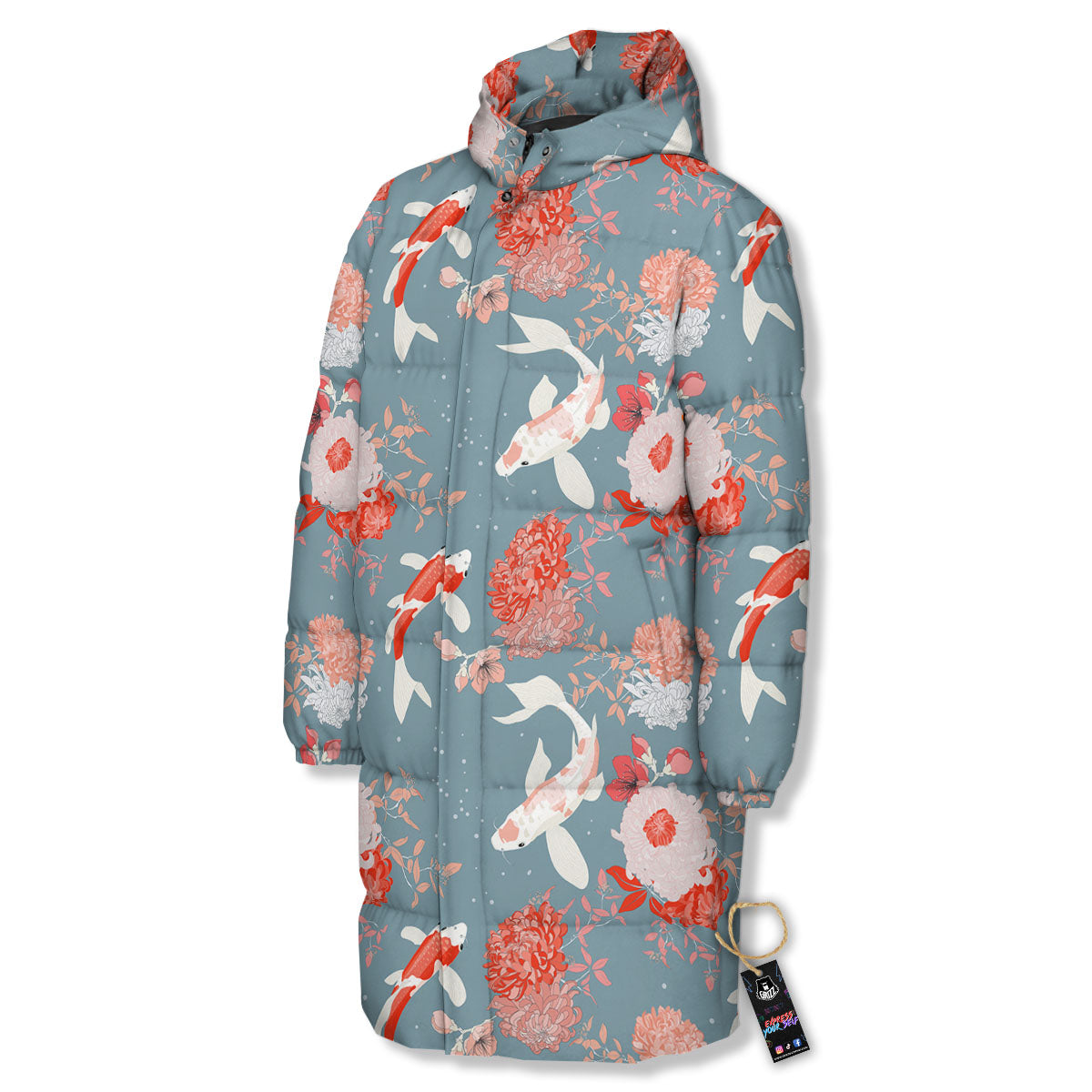 Chrysanthemum And Koi Carp Print Pattern Long Down Jacket-grizzshop