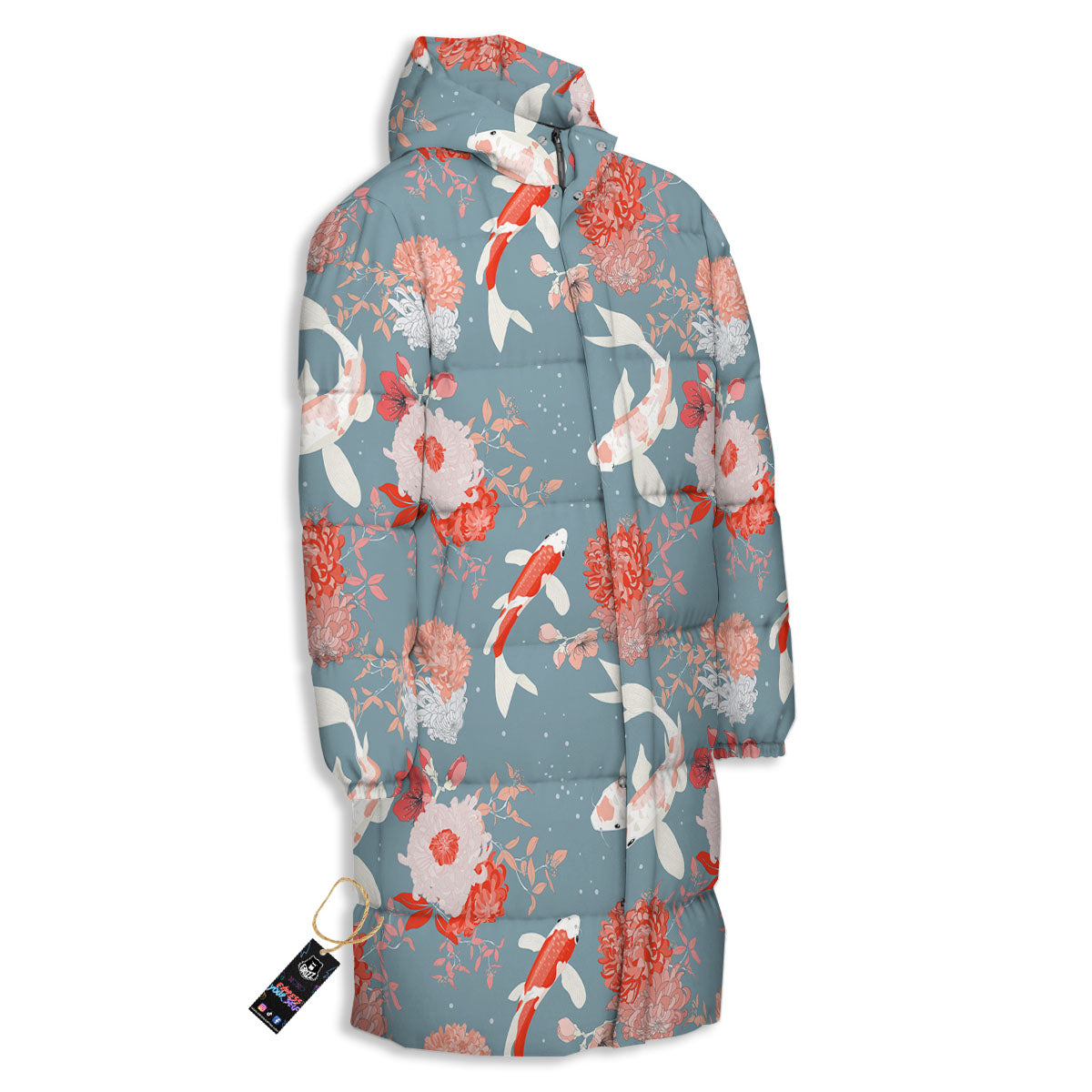 Chrysanthemum And Koi Carp Print Pattern Long Down Jacket-grizzshop