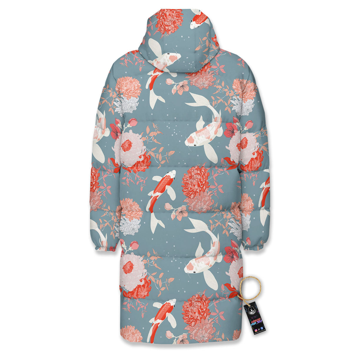 Chrysanthemum And Koi Carp Print Pattern Long Down Jacket-grizzshop