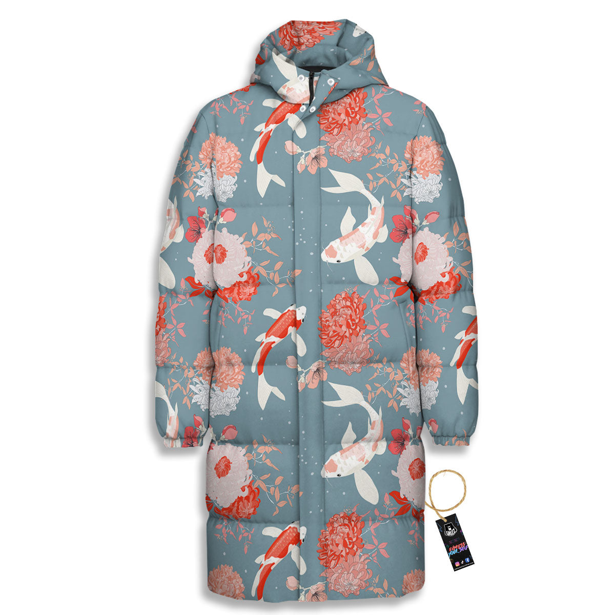 Chrysanthemum And Koi Carp Print Pattern Long Down Jacket-grizzshop