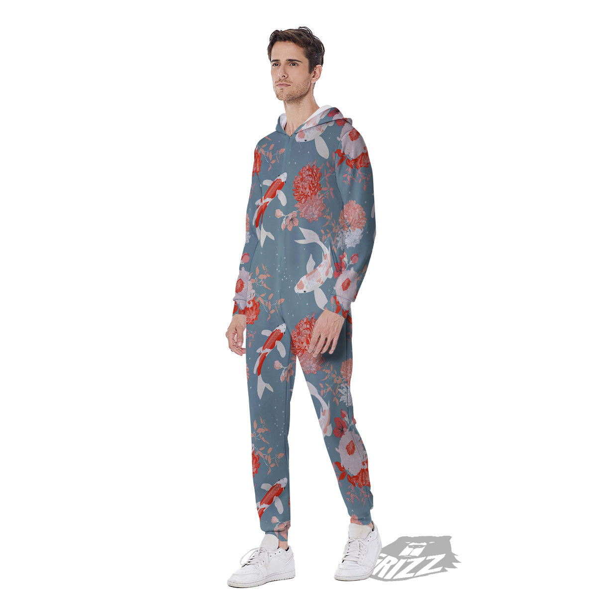 Chrysanthemum And Koi Carp Print Pattern Men's Jumpsuit-grizzshop