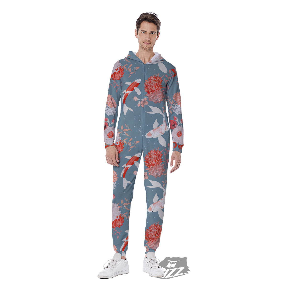 Chrysanthemum And Koi Carp Print Pattern Men's Jumpsuit-grizzshop