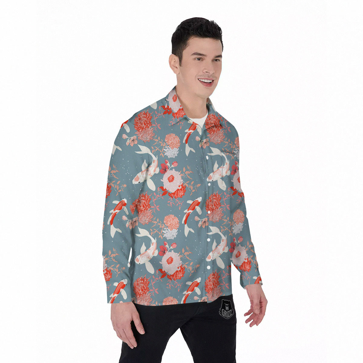 Chrysanthemum And Koi Carp Print Pattern Men's Long Sleeve Shirts-grizzshop