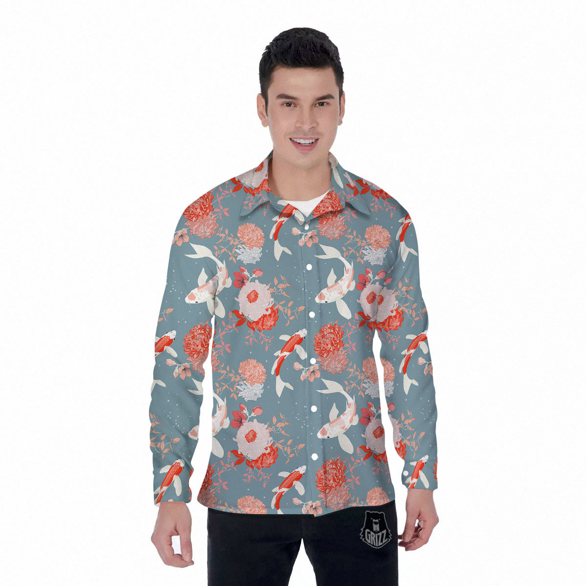 Chrysanthemum And Koi Carp Print Pattern Men's Long Sleeve Shirts-grizzshop
