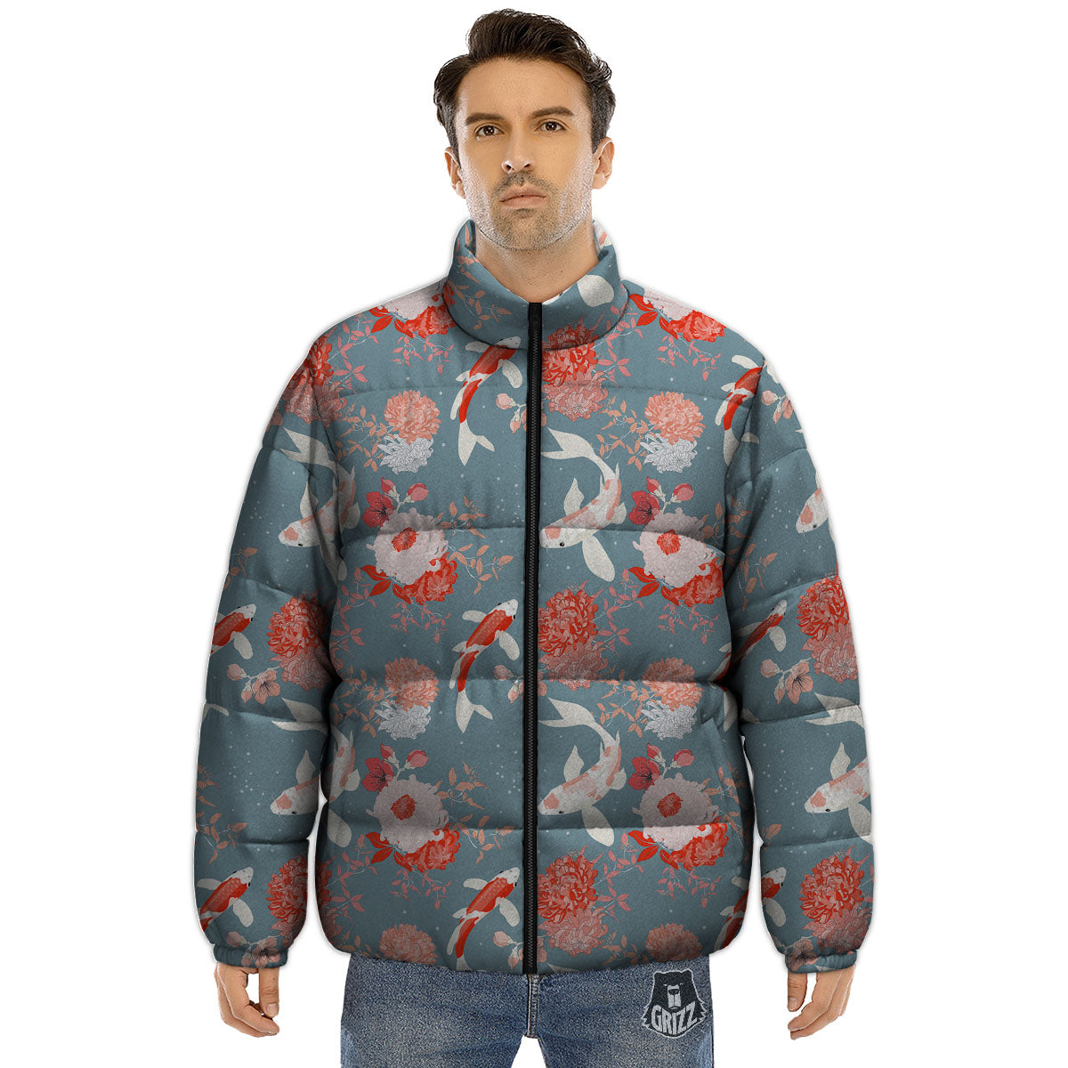 Chrysanthemum And Koi Carp Print Pattern Puffer Jacket-grizzshop