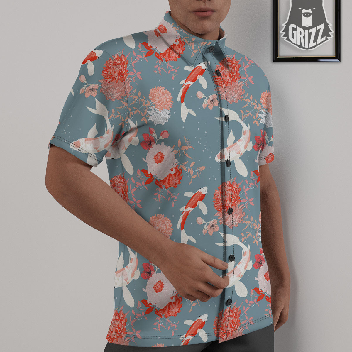 Chrysanthemum And Koi Carp Print Pattern Untucked Shirts-grizzshop
