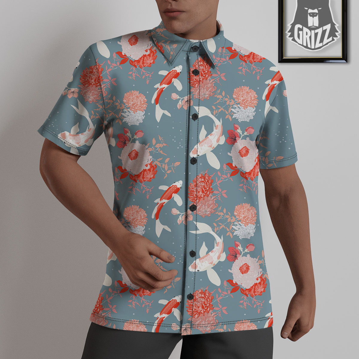Chrysanthemum And Koi Carp Print Pattern Untucked Shirts-grizzshop