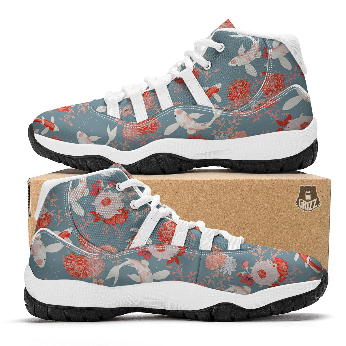 Chrysanthemum And Koi Carp Print Pattern White Bball Shoes-grizzshop