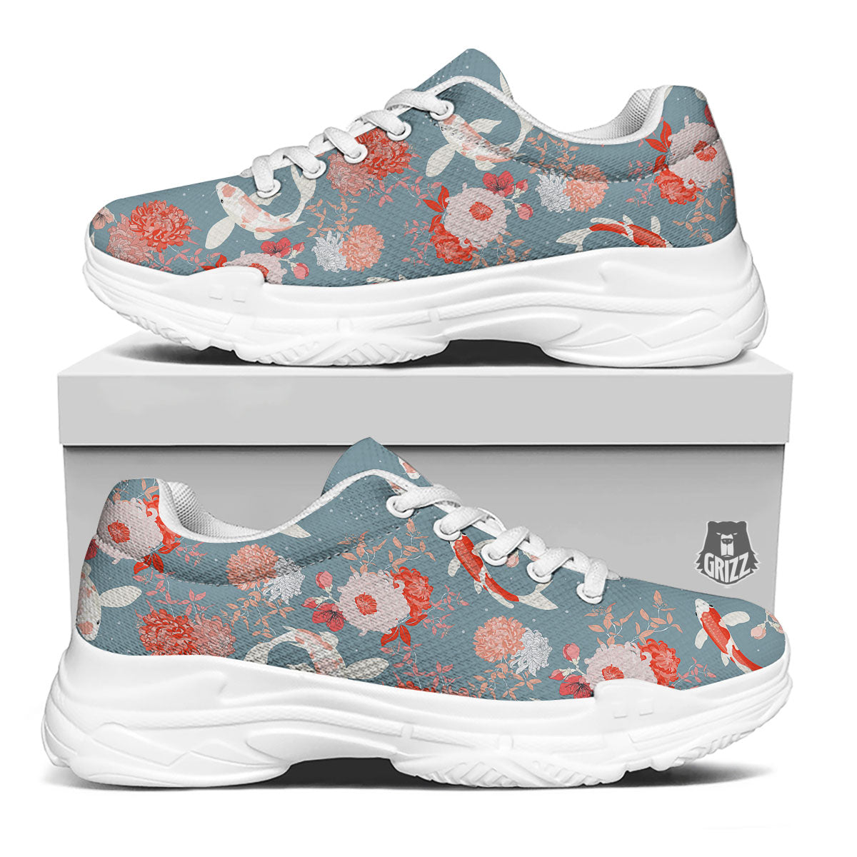 Chrysanthemum And Koi Carp Print Pattern White Chunky Shoes-grizzshop