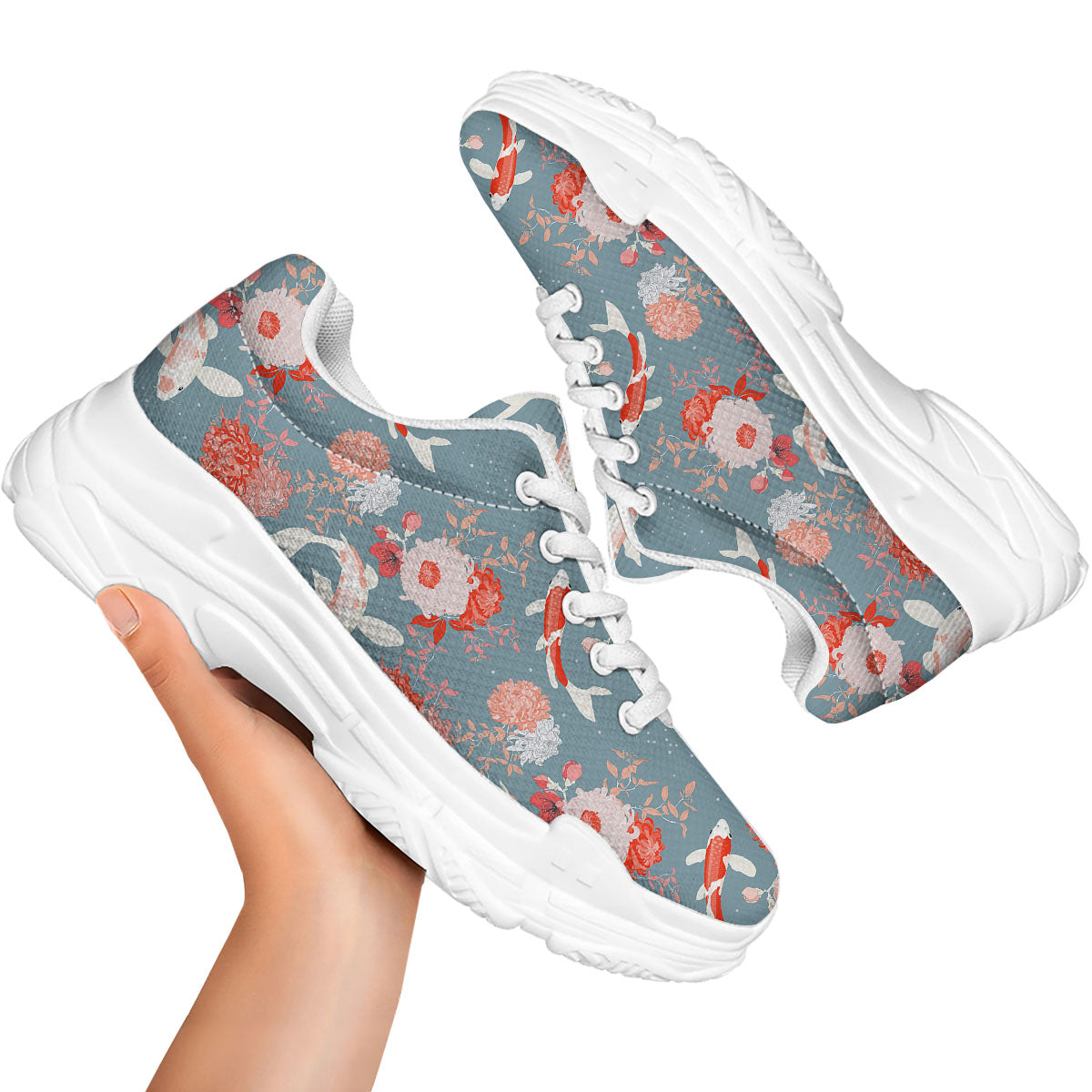 Chrysanthemum And Koi Carp Print Pattern White Chunky Shoes-grizzshop