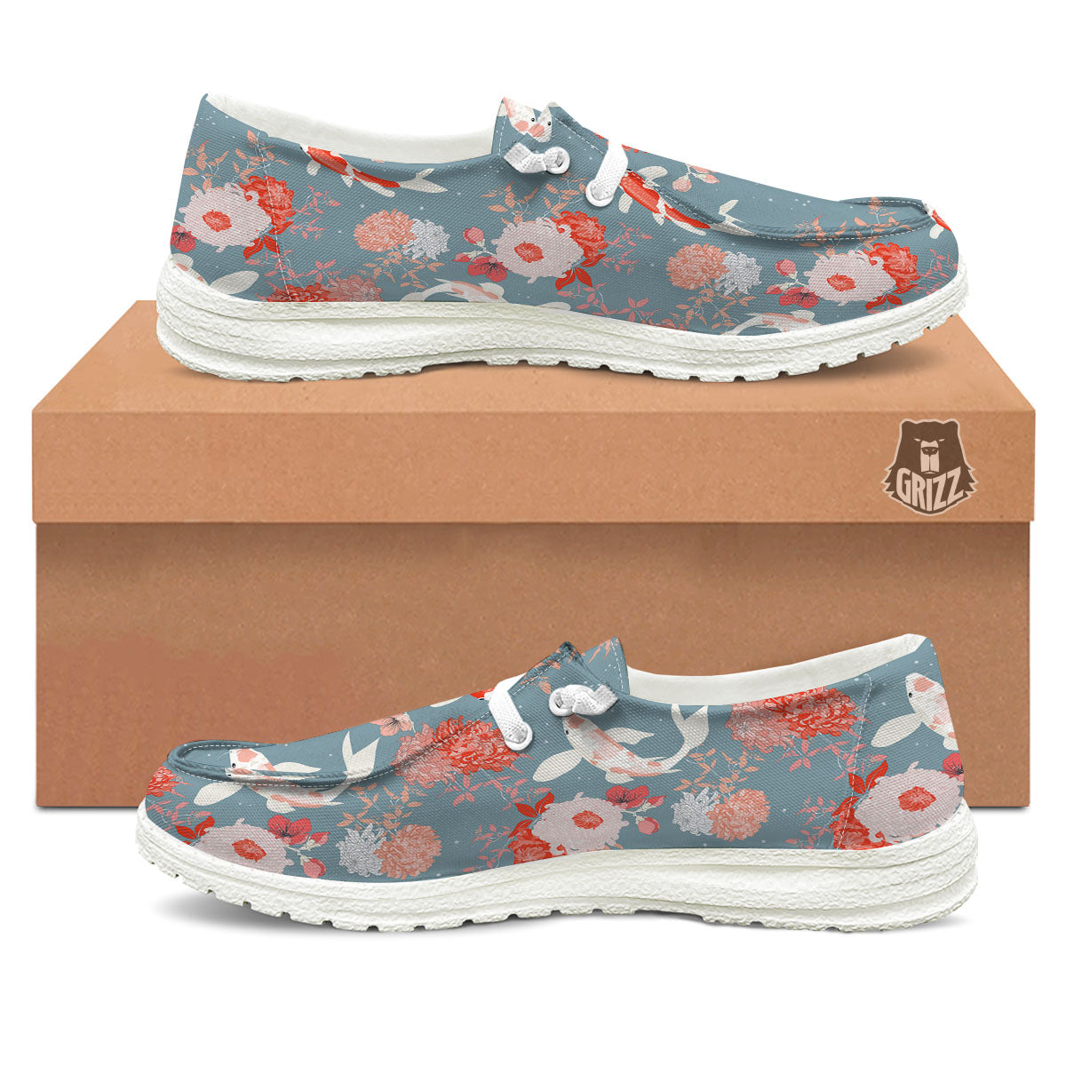 Chrysanthemum And Koi Carp Print Pattern White Loafers-grizzshop