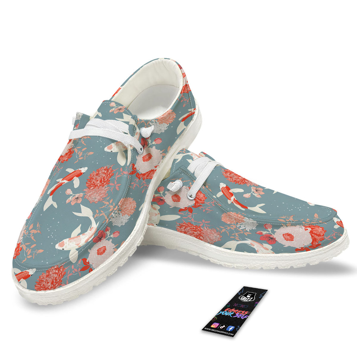 Chrysanthemum And Koi Carp Print Pattern White Loafers-grizzshop
