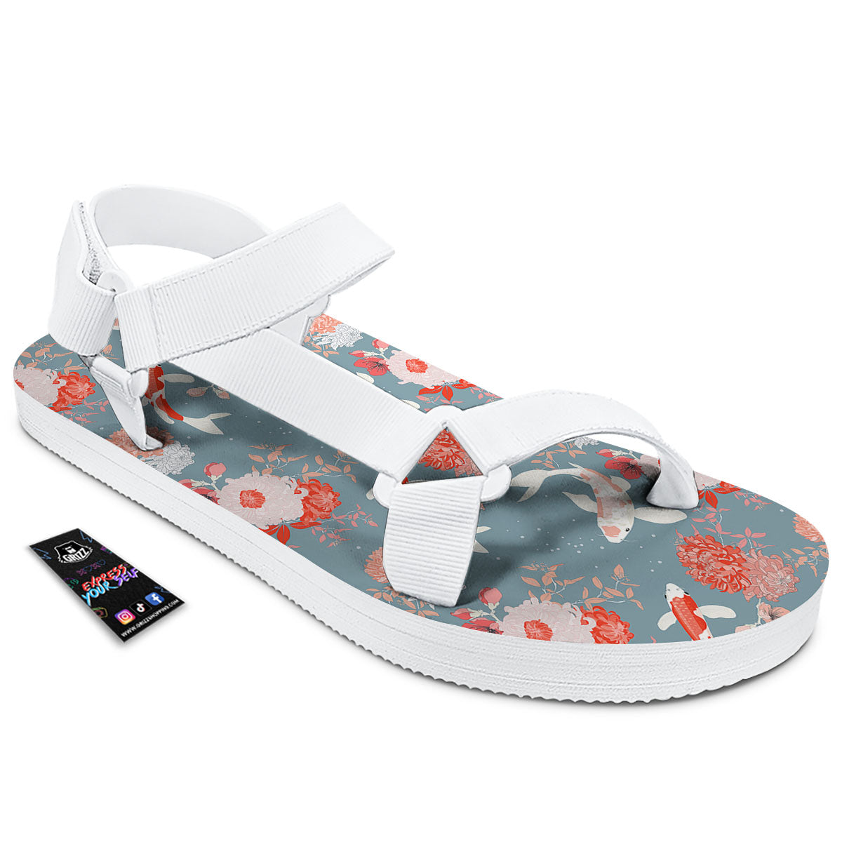 Chrysanthemum And Koi Carp Print Pattern White Open Toe Sandals-grizzshop