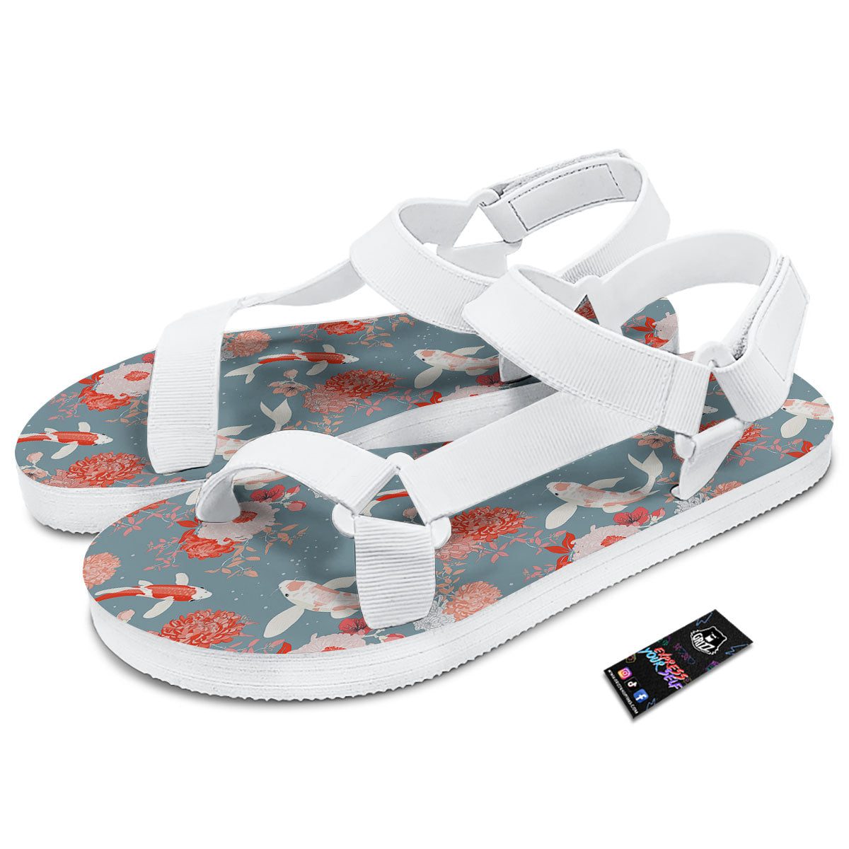 Chrysanthemum And Koi Carp Print Pattern White Open Toe Sandals-grizzshop