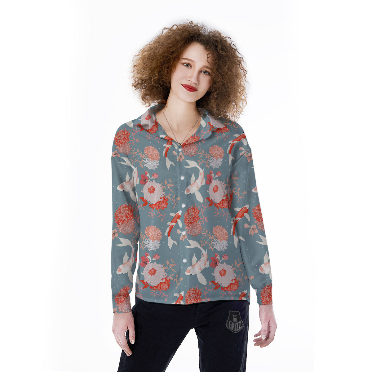 Chrysanthemum And Koi Carp Print Pattern Women's Long Sleeve Shirts-grizzshop