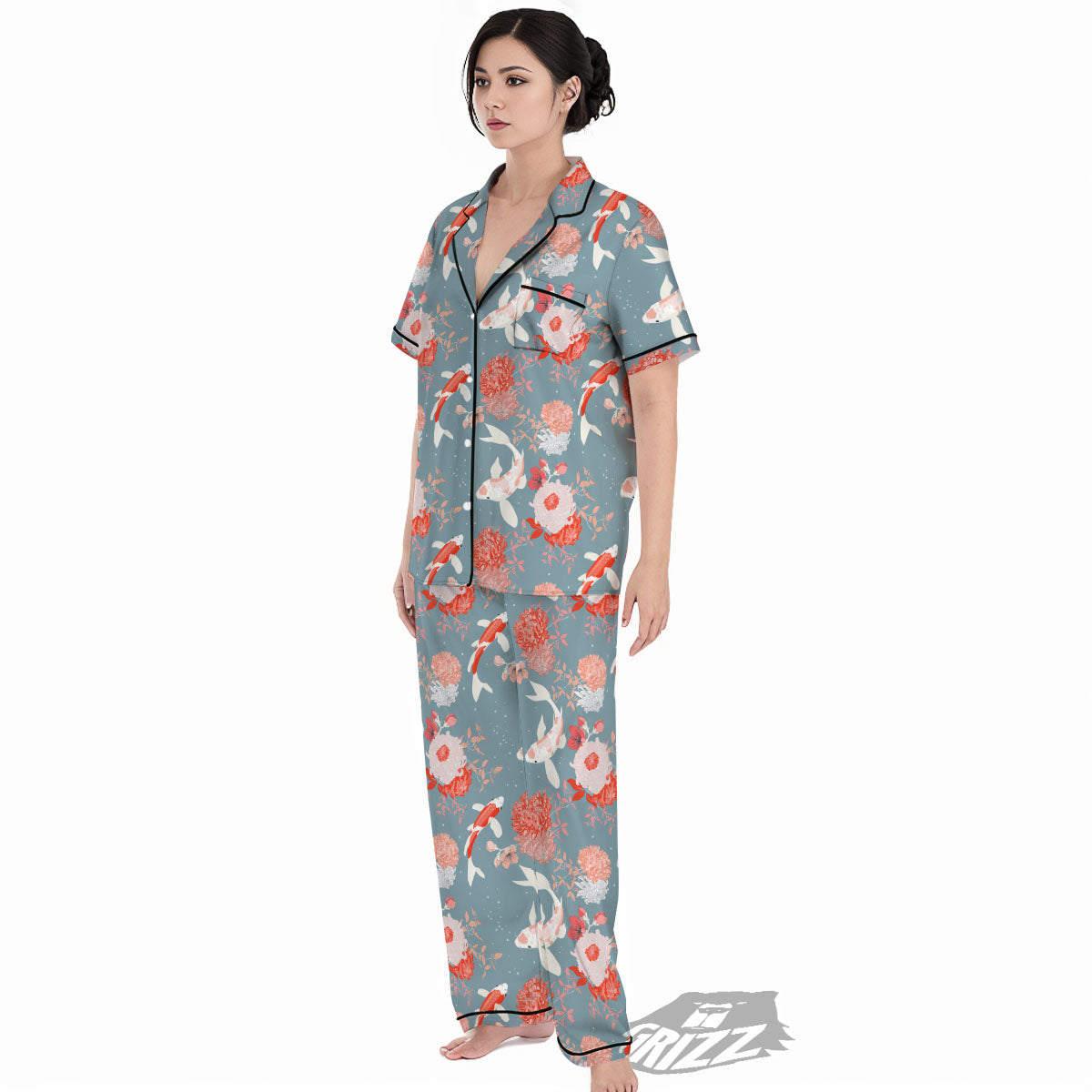Chrysanthemum And Koi Carp Print Pattern Women's Pajamas Set-grizzshop