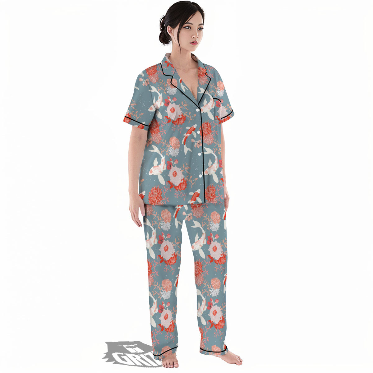 Chrysanthemum And Koi Carp Print Pattern Women's Pajamas Set-grizzshop