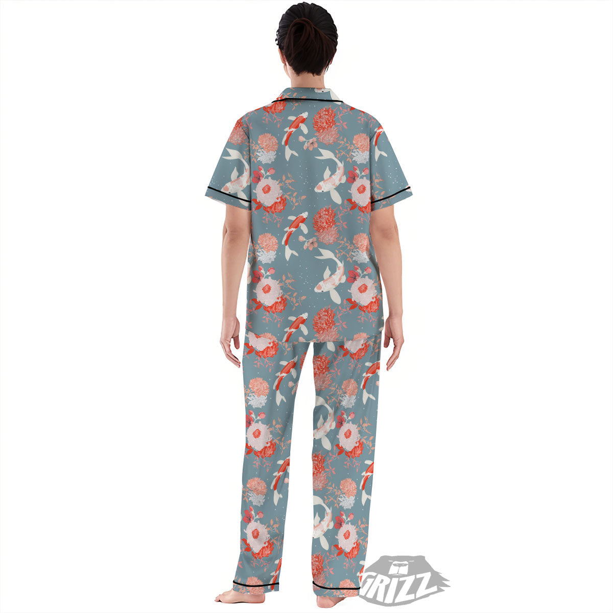 Chrysanthemum And Koi Carp Print Pattern Women's Pajamas Set-grizzshop