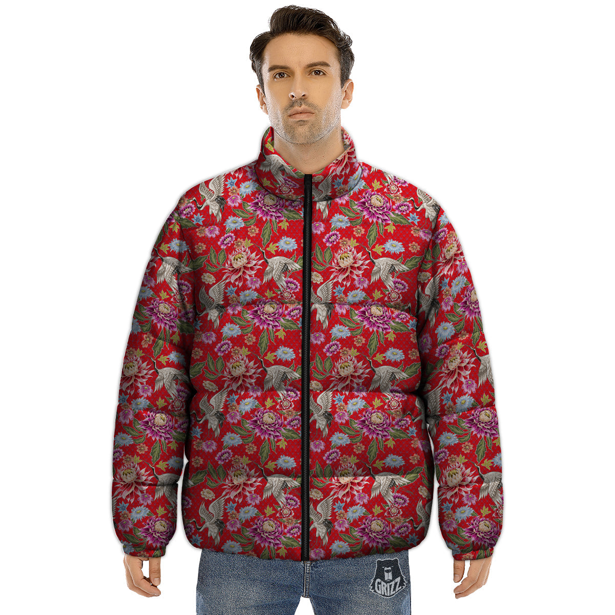 Chrysanthemum Art Print Pattern Puffer Jacket-grizzshop