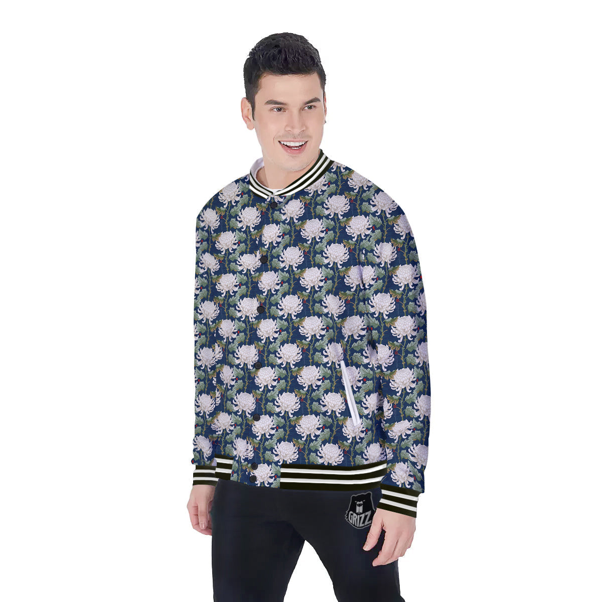 Chrysanthemum Flower Print Baseball Jacket-grizzshop