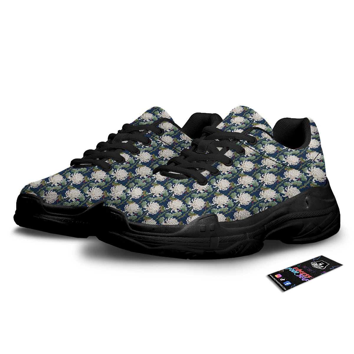 Chrysanthemum Flower Print Black Chunky Shoes-grizzshop