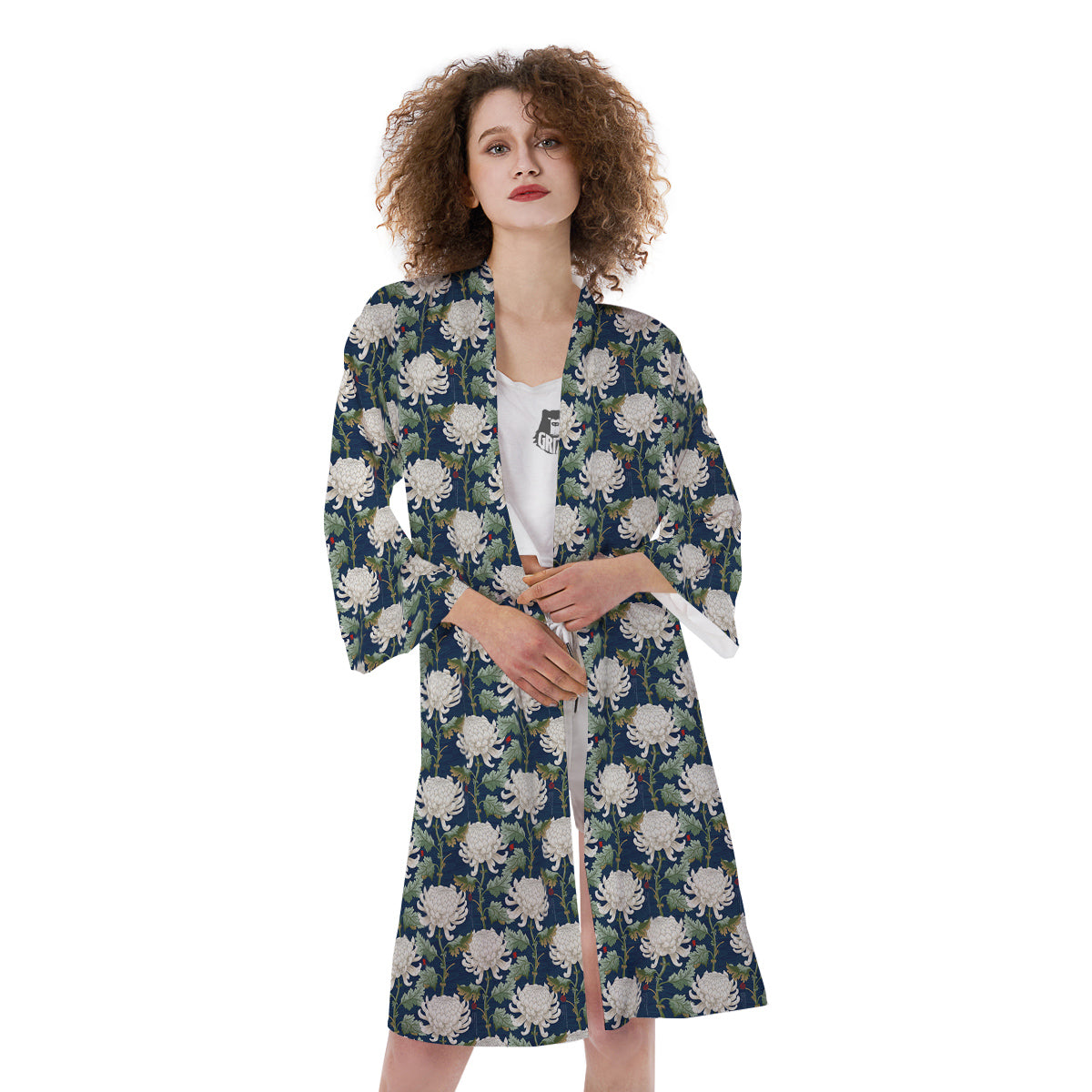 Chrysanthemum Flower Print Kimono-grizzshop