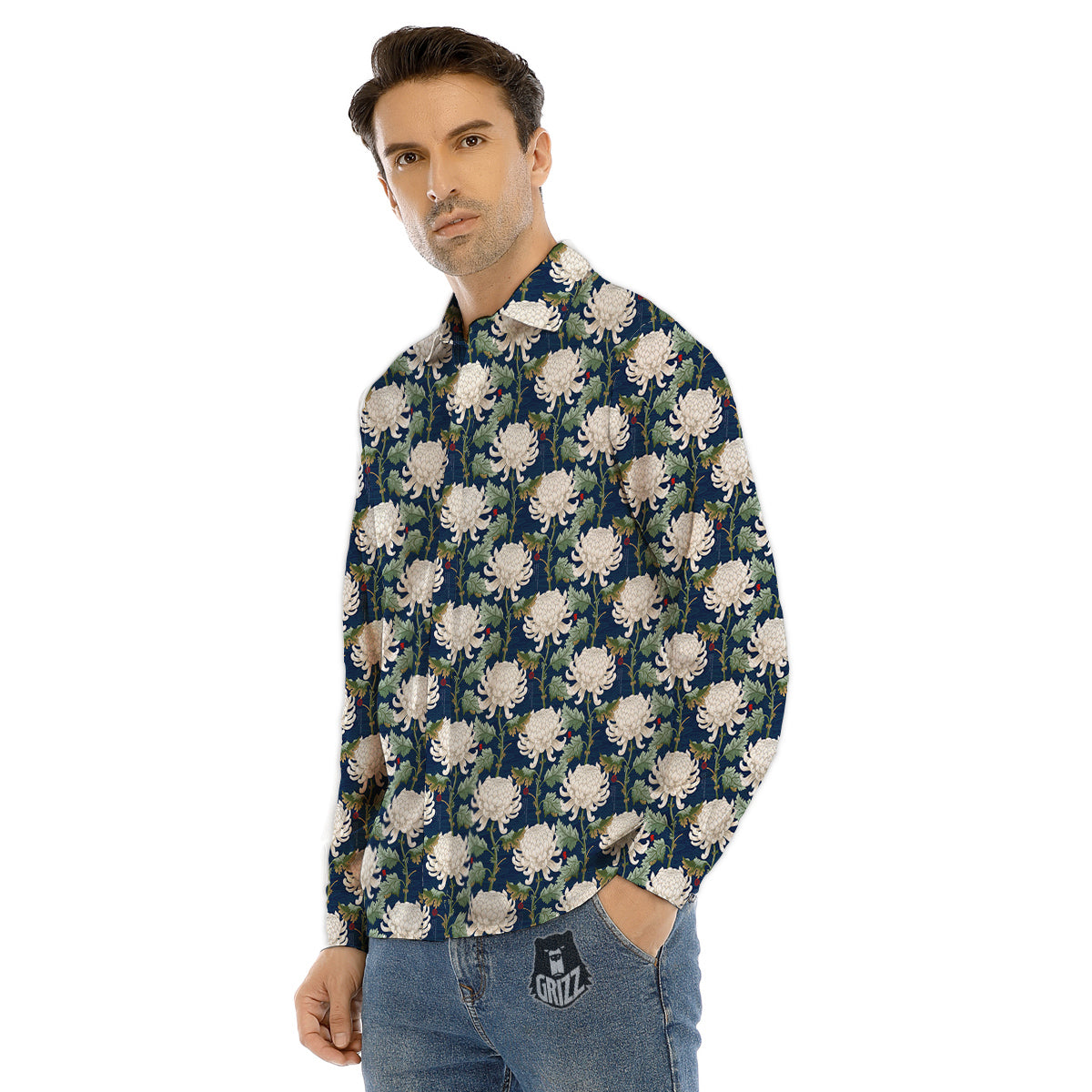 Chrysanthemum Flower Print Men's Dress Shirts-grizzshop