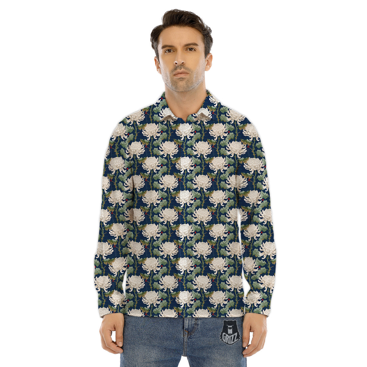 Chrysanthemum Flower Print Men's Dress Shirts-grizzshop