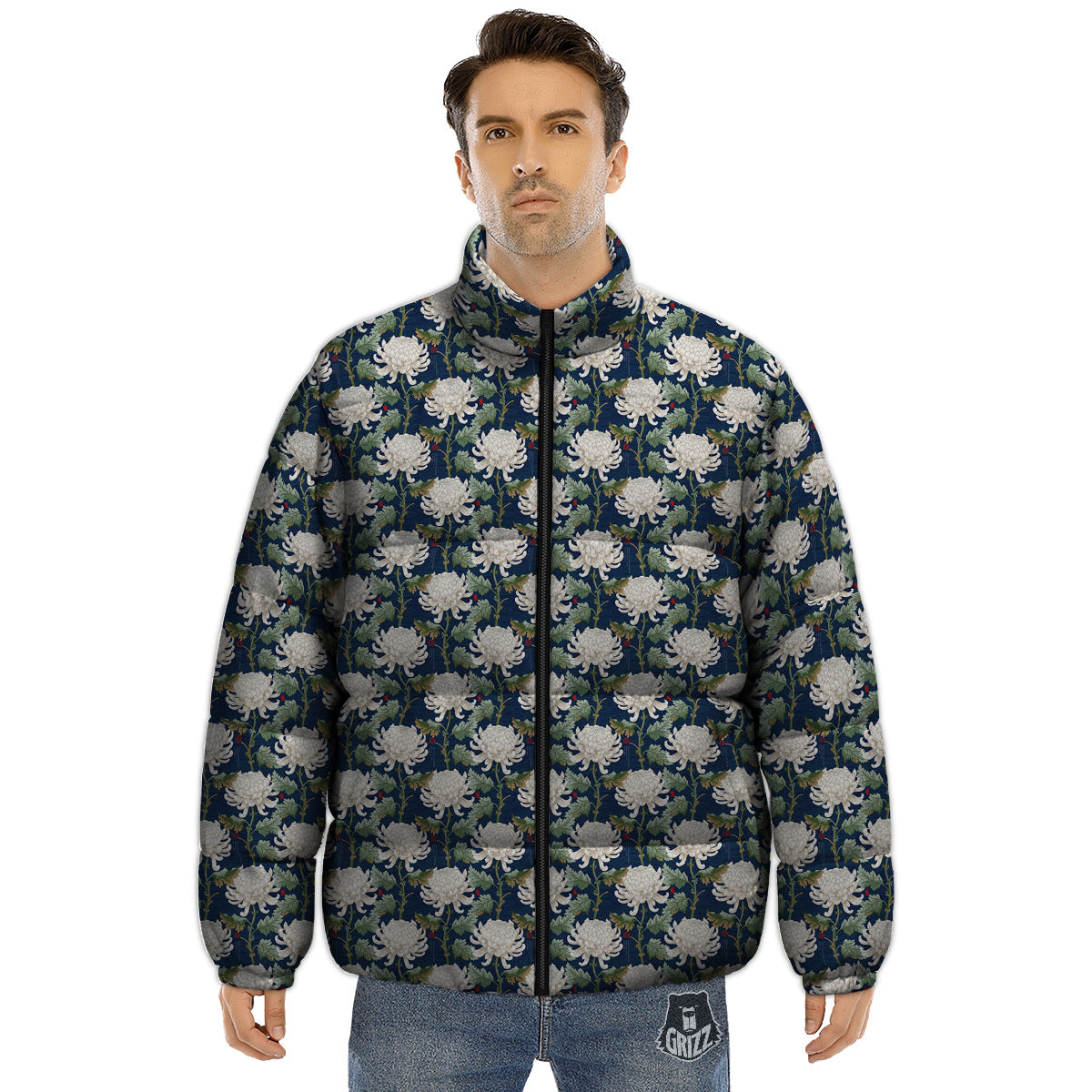 Chrysanthemum Flower Print Puffer Jacket-grizzshop
