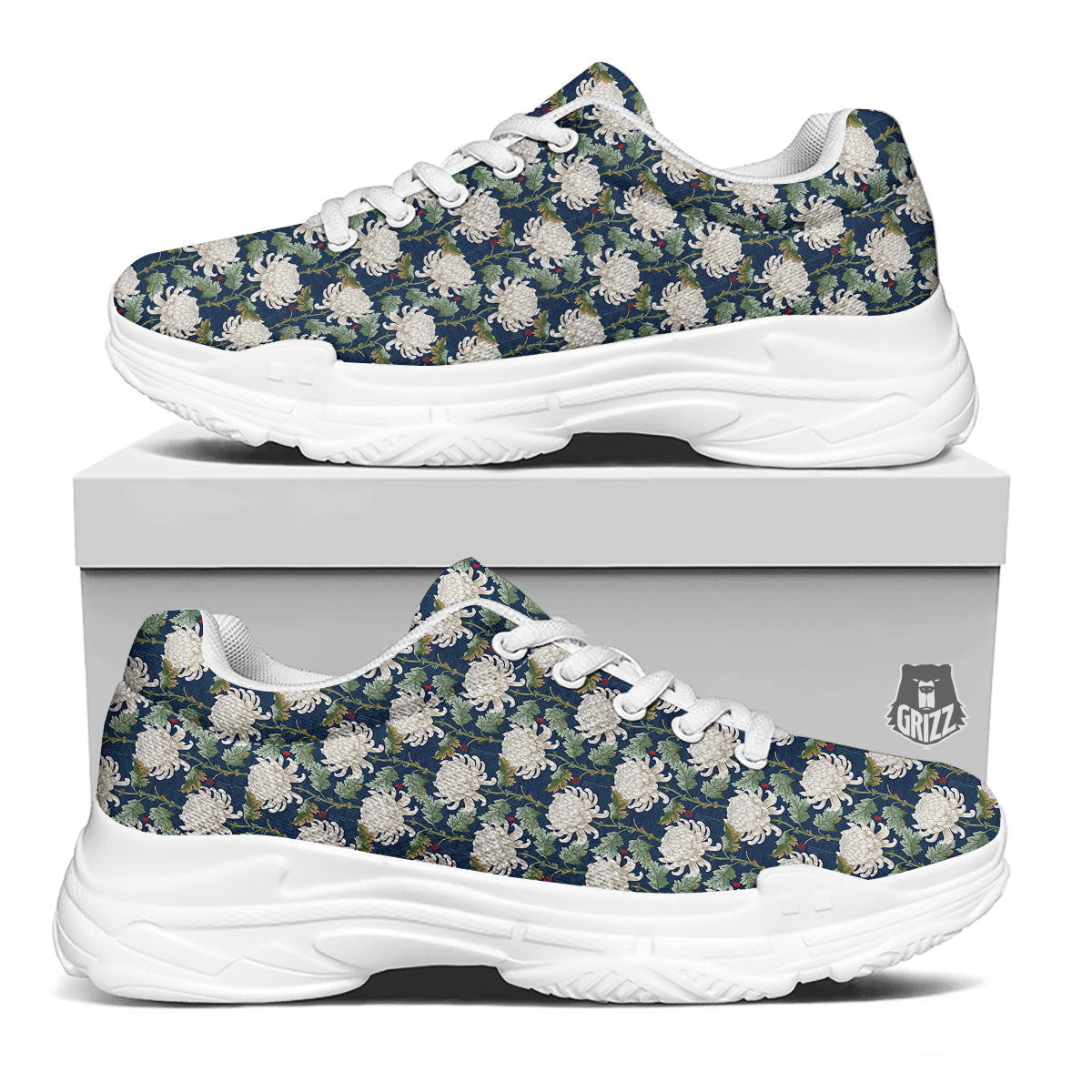Chrysanthemum Flower Print White Chunky Shoes-grizzshop