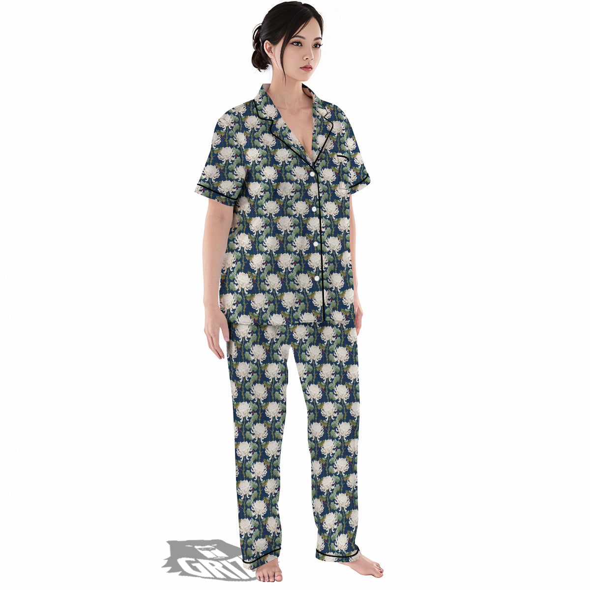 Chrysanthemum Flower Print Women's Pajamas Set-grizzshop