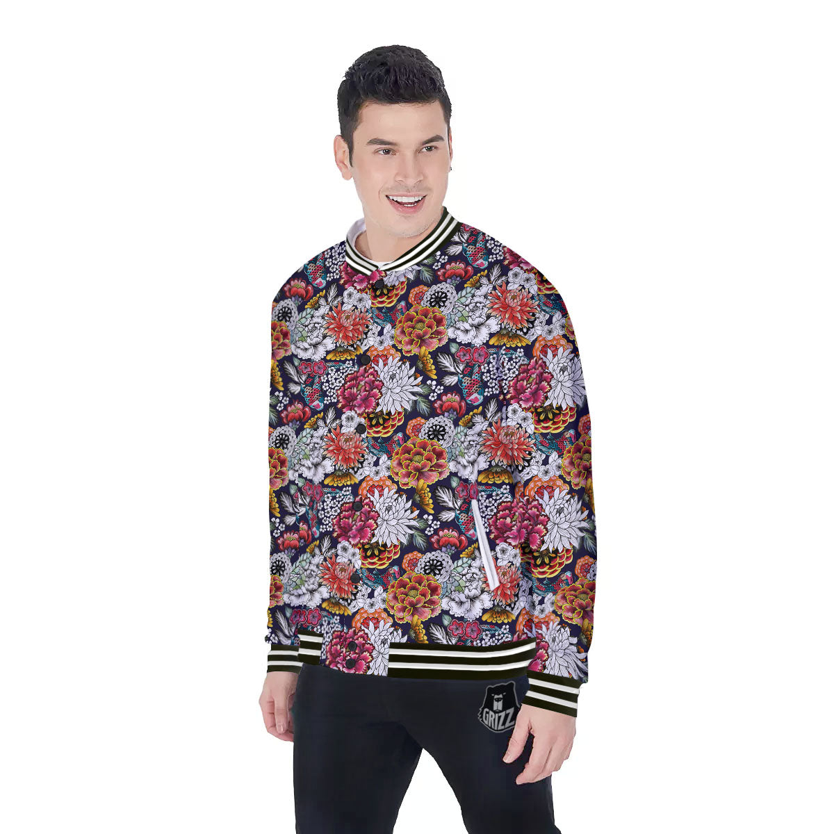 Chrysanthemum Japanese Print Pattern Baseball Jacket-grizzshop