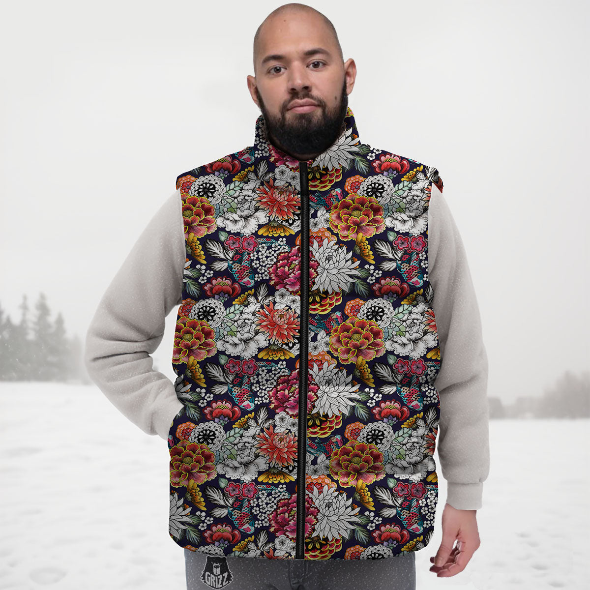 Chrysanthemum Japanese Print Pattern Down Vest