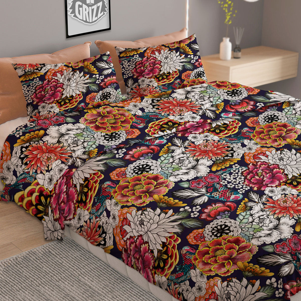 Chrysanthemum Japanese Print Pattern Duvet Cover Bedding Set