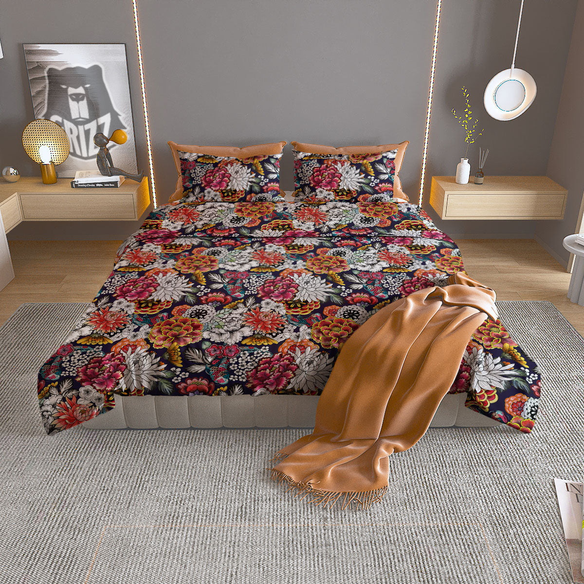 Chrysanthemum Japanese Print Pattern Duvet Cover Bedding Set
